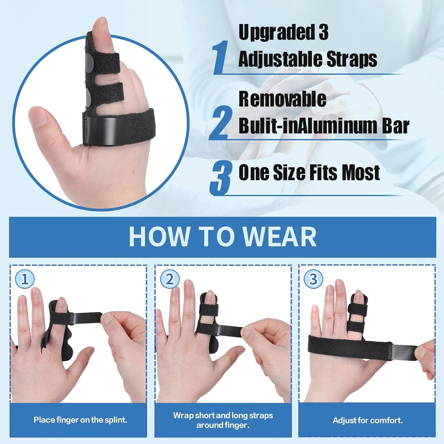 1 PC Trigger Finger Splint, Three Straps Ajustable Finger Brace for Alleviating Finger Locking, Popping, Bending, Tendonitis, Stiffness, Pain Relief, Fits Left and Right Hand (1, Black)