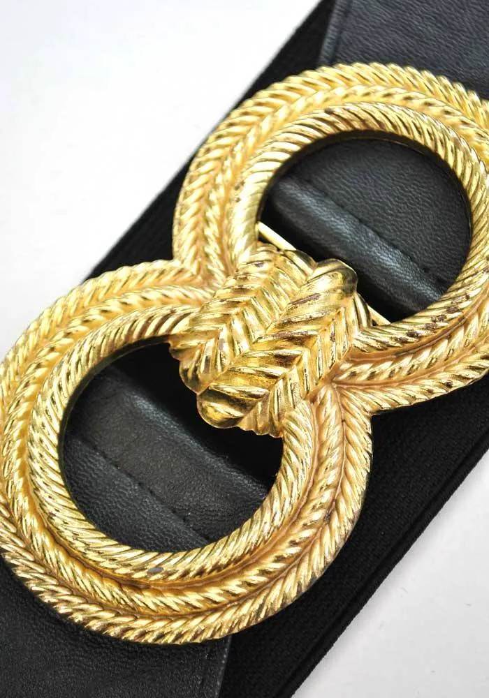 1990s Elasticated Black Cincher Belt With Gold Rope Buckle