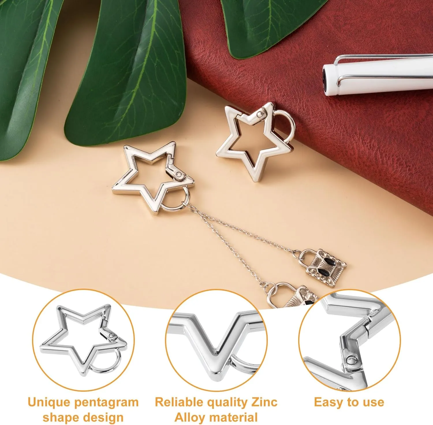 2 PCS Star Carabiner, Zinc Alloy Heavy Duty Star Shaped Keychain Clip with 2 Sizes, Carabiner Clip for Camping, Hiking, Fishing