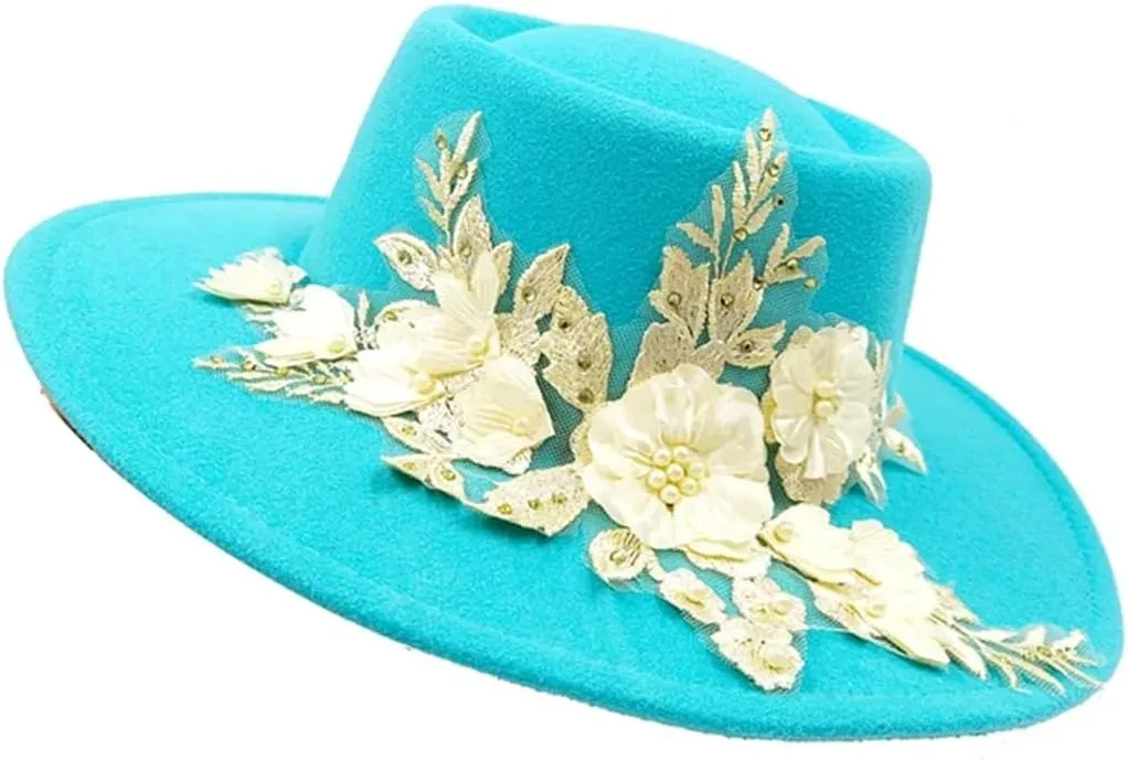 9.5Cm Embroide Three-Dimensional Flower Fedora Women's Jazz Hat Spring and Autumn Panama French Fedora