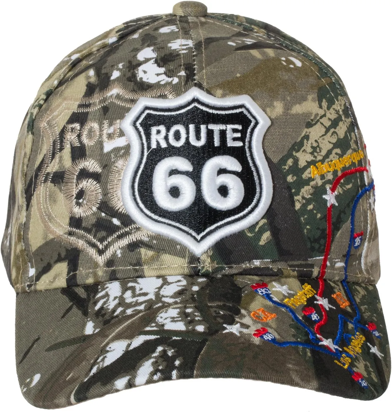 Artisan Owl Route 66 Embroidered Cap with Highway Map Detail - Adjustable Hook and Loop Closure (Camo)