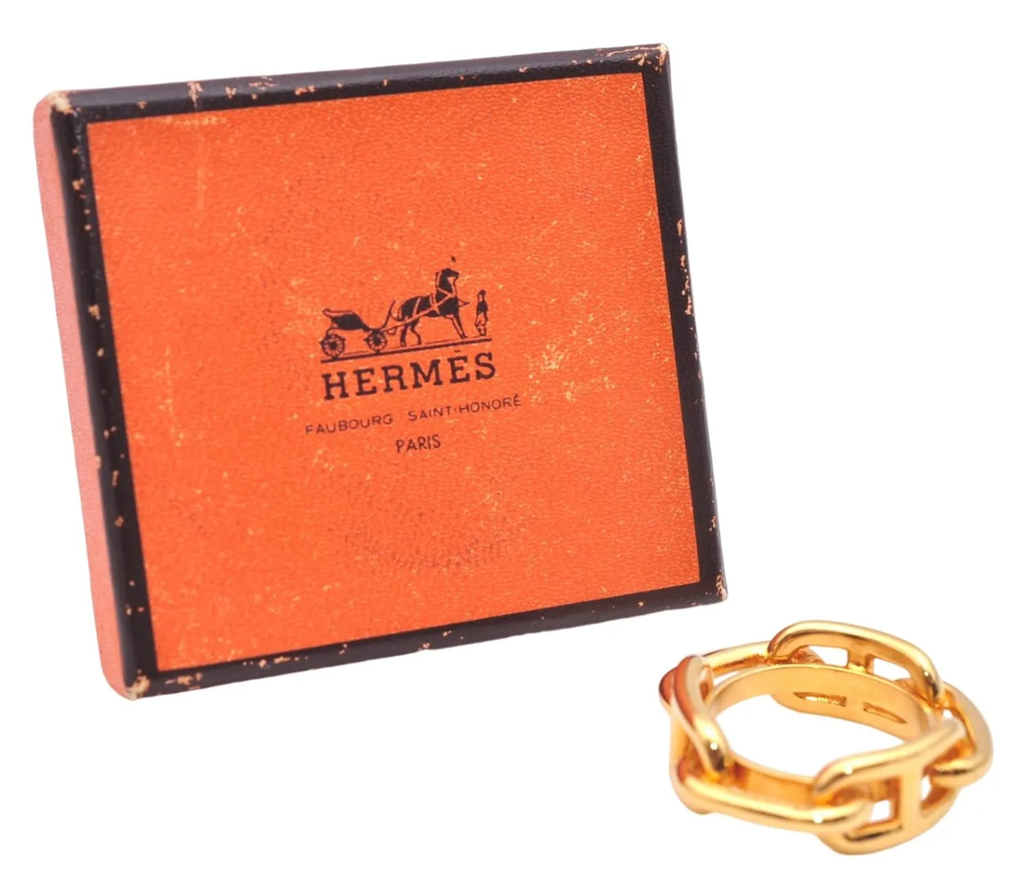 Authentic HERMES Scarf Ring Chaine d'Ancre Chain Design Gold Tone Box 6026E
