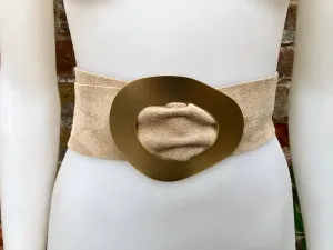 Beige suede waist belt with large metal buckle in gold. Soft suede belt in beige. Boho dress belt with golden buckle.