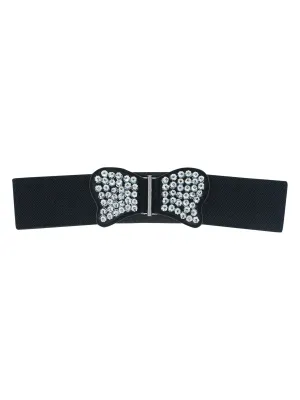Black Elastic Waist Belt With Silver Beaded Butterfly Size Medium/Large