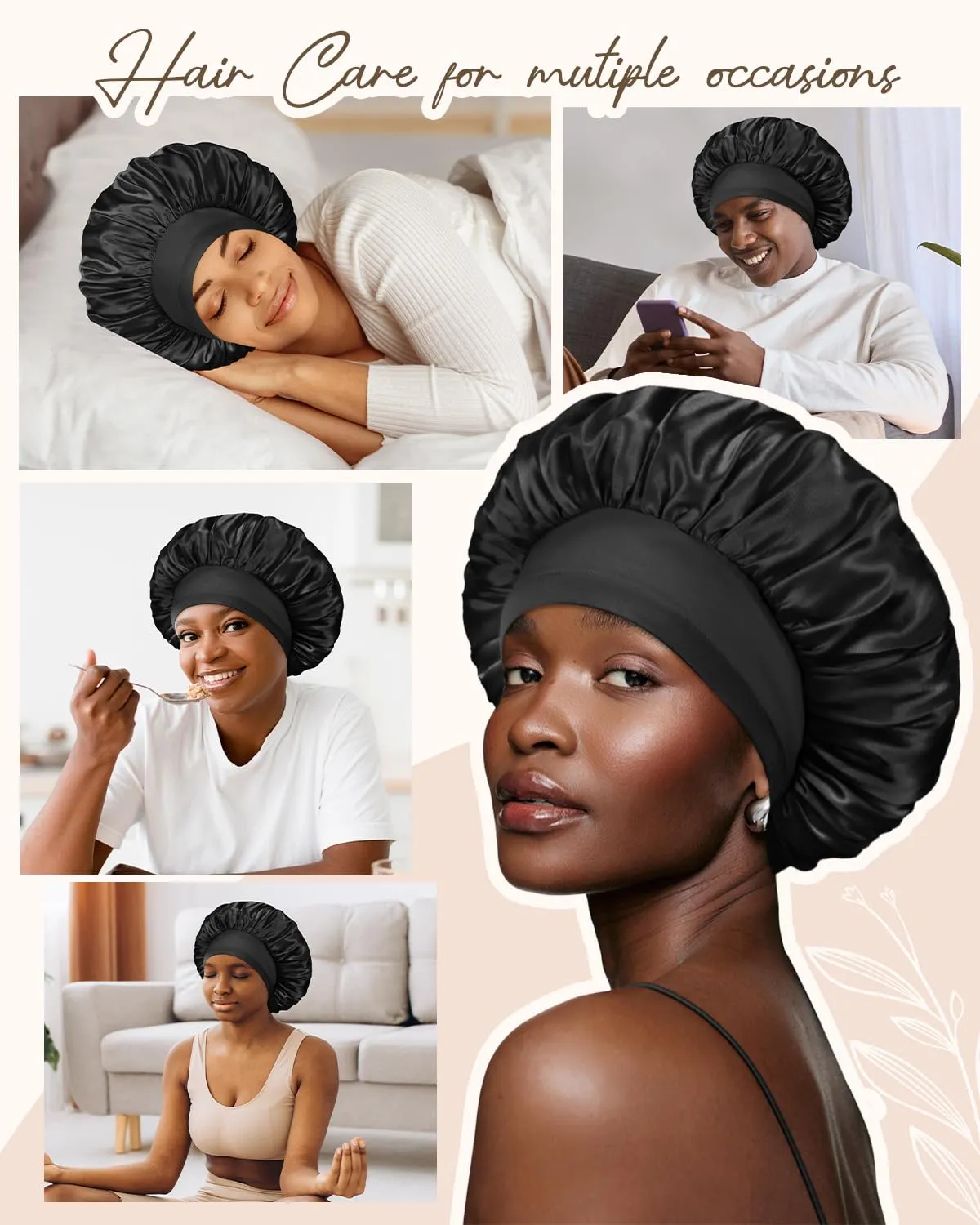 BONNET QUEEN Silk Bonnet for Sleeping Women Double Layer Reversible Satin Bonnet Sleep Cap for Curly Hair,Black