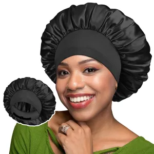 BONNET QUEEN Silk Bonnet for Sleeping Women Double Layer Reversible Satin Bonnet Sleep Cap for Curly Hair,Black