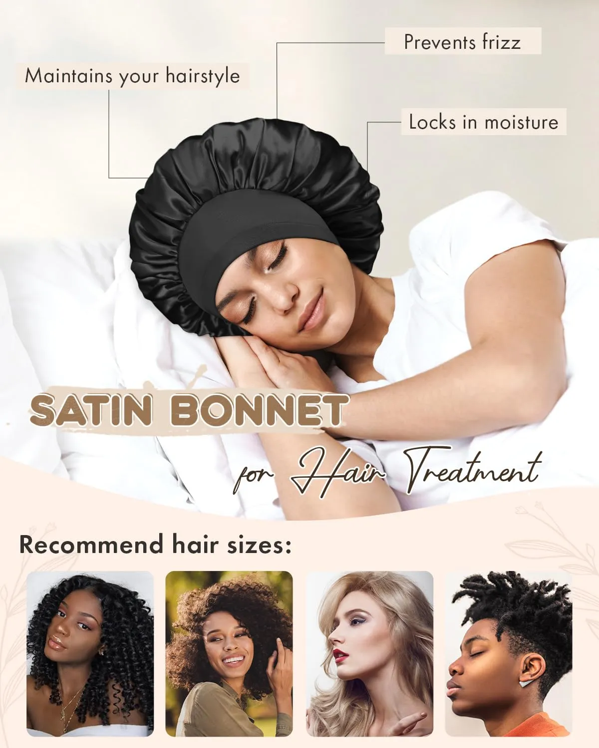 BONNET QUEEN Silk Bonnet for Sleeping Women Double Layer Reversible Satin Bonnet Sleep Cap for Curly Hair,Black