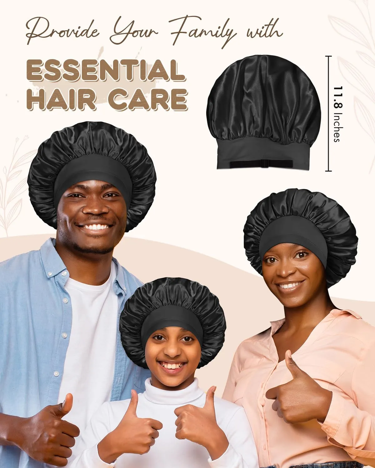 BONNET QUEEN Silk Bonnet for Sleeping Women Double Layer Reversible Satin Bonnet Sleep Cap for Curly Hair,Black