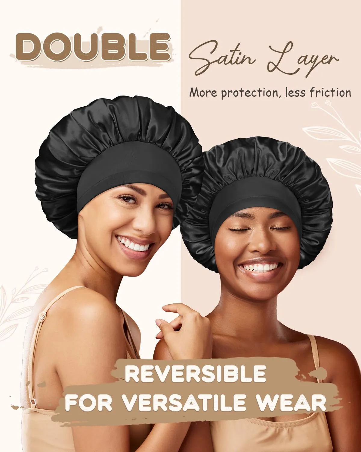 BONNET QUEEN Silk Bonnet for Sleeping Women Double Layer Reversible Satin Bonnet Sleep Cap for Curly Hair,Black