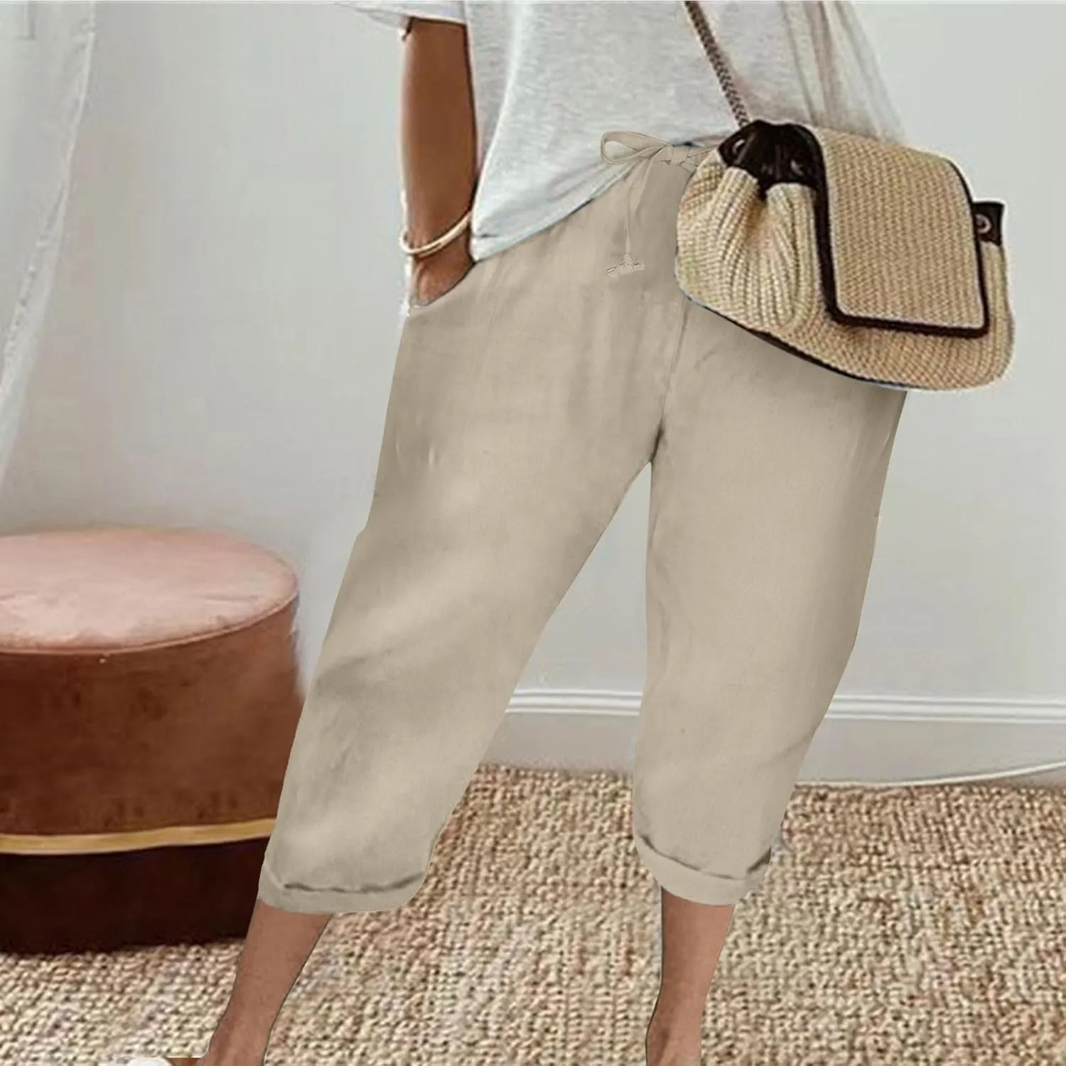 Capri Pants for Women Casual Summer Drawstring Elastic High Waist Linen Pants Baggy Straight Leg Cropped Trousers