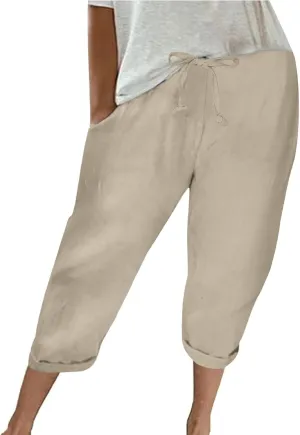 Capri Pants for Women Casual Summer Drawstring Elastic High Waist Linen Pants Baggy Straight Leg Cropped Trousers