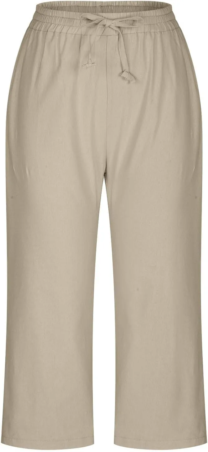 Capri Pants for Women Casual Summer Drawstring Elastic High Waist Linen Pants Baggy Straight Leg Cropped Trousers