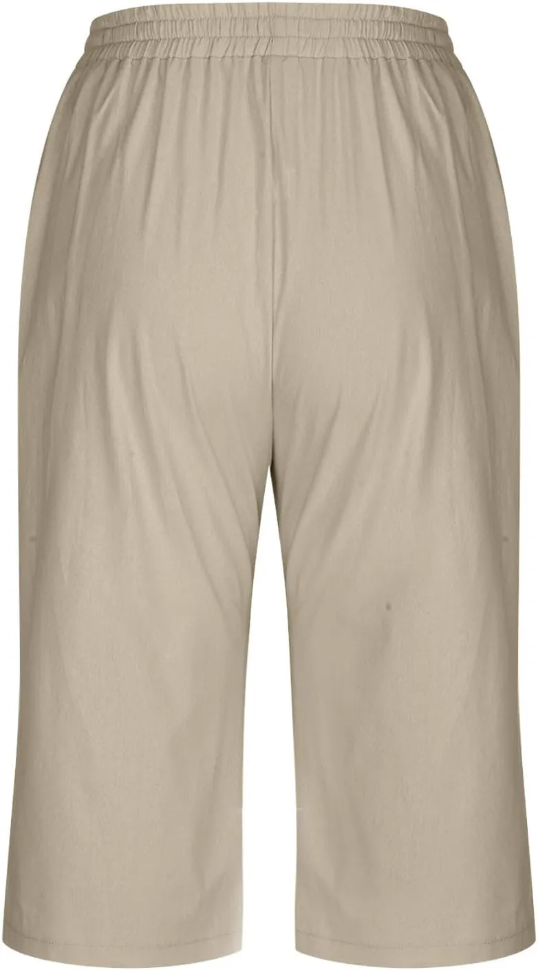 Capri Pants for Women Casual Summer Drawstring Elastic High Waist Linen Pants Baggy Straight Leg Cropped Trousers