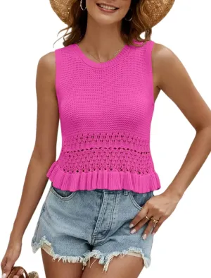 CiCiBird Women Cute Crop Sweaters Vest Knit Sleeveless Pullover Tops Crochet Ruffle Hem Tank