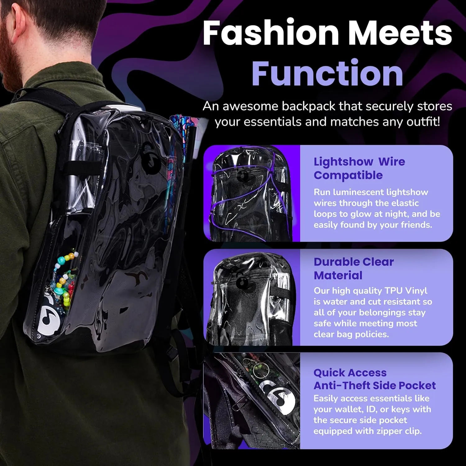 Clear Lite Pack  Anti Theft Clear Bag for Stadium Events with Locking Zippers Protects Items at Festivals, Concerts, and Traveling. Backpack is Compliant with Most Venue Bag Policies