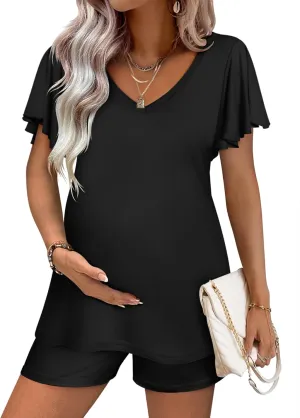 Ekouaer Maternity Sets 2 Piece Outfits Flowing Short Sleeve V Neck Postpartum Pregnancy Pajamas Clothes