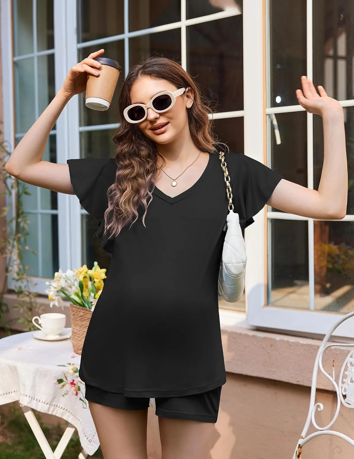 Ekouaer Maternity Sets 2 Piece Outfits Flowing Short Sleeve V Neck Postpartum Pregnancy Pajamas Clothes