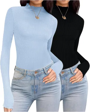 Ekouaer Turtleneck Shirt Women Ribbed Long Sleeve Shirts Lettuce Trim Mock Neck Tops Slim Fit Base Layer