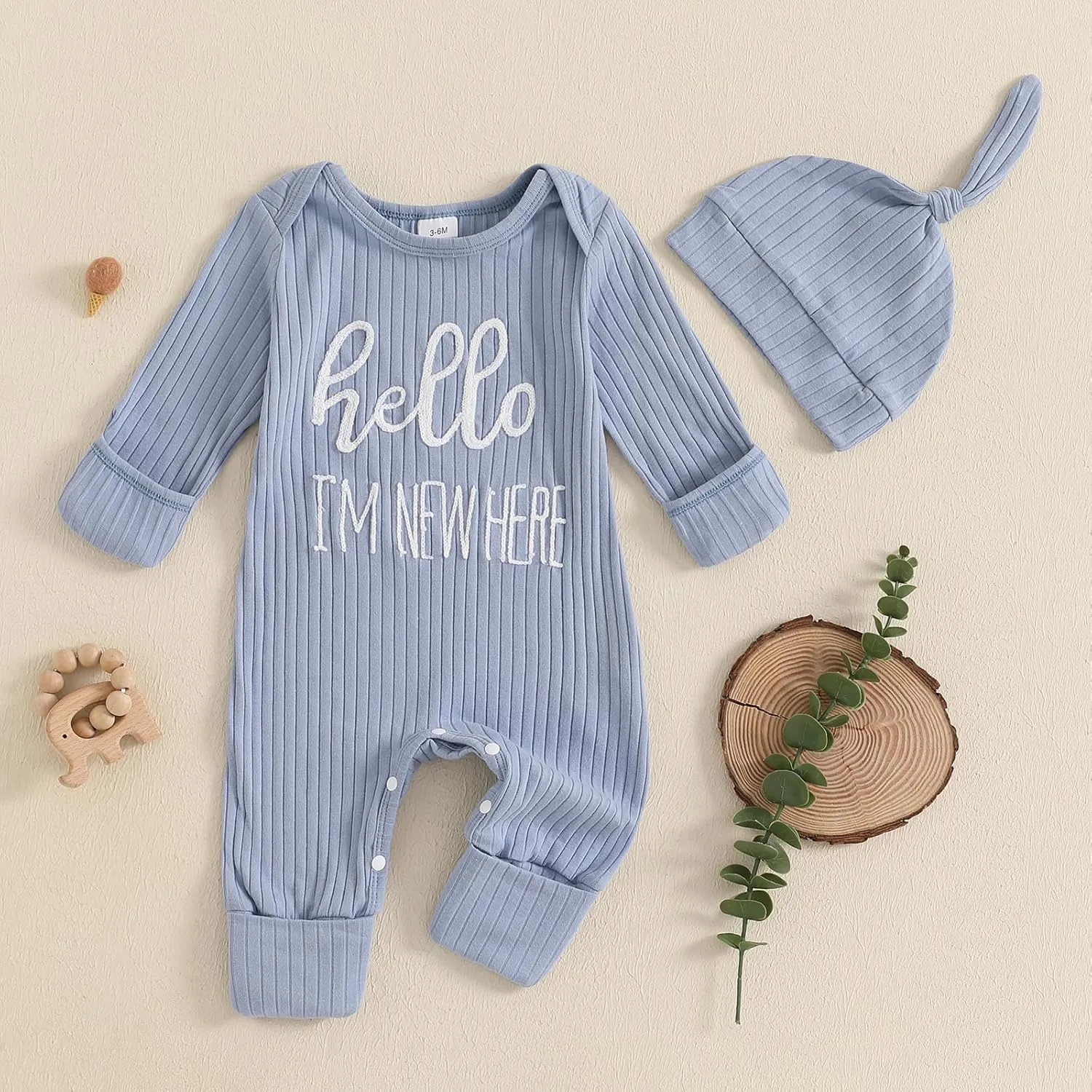 FIOMVA Im New Here Newborn Outfit Boy Long Sleeve Letter Romper Ribbed Knit Jumpsuit Baby Boy Preemie Coming Home Outfit