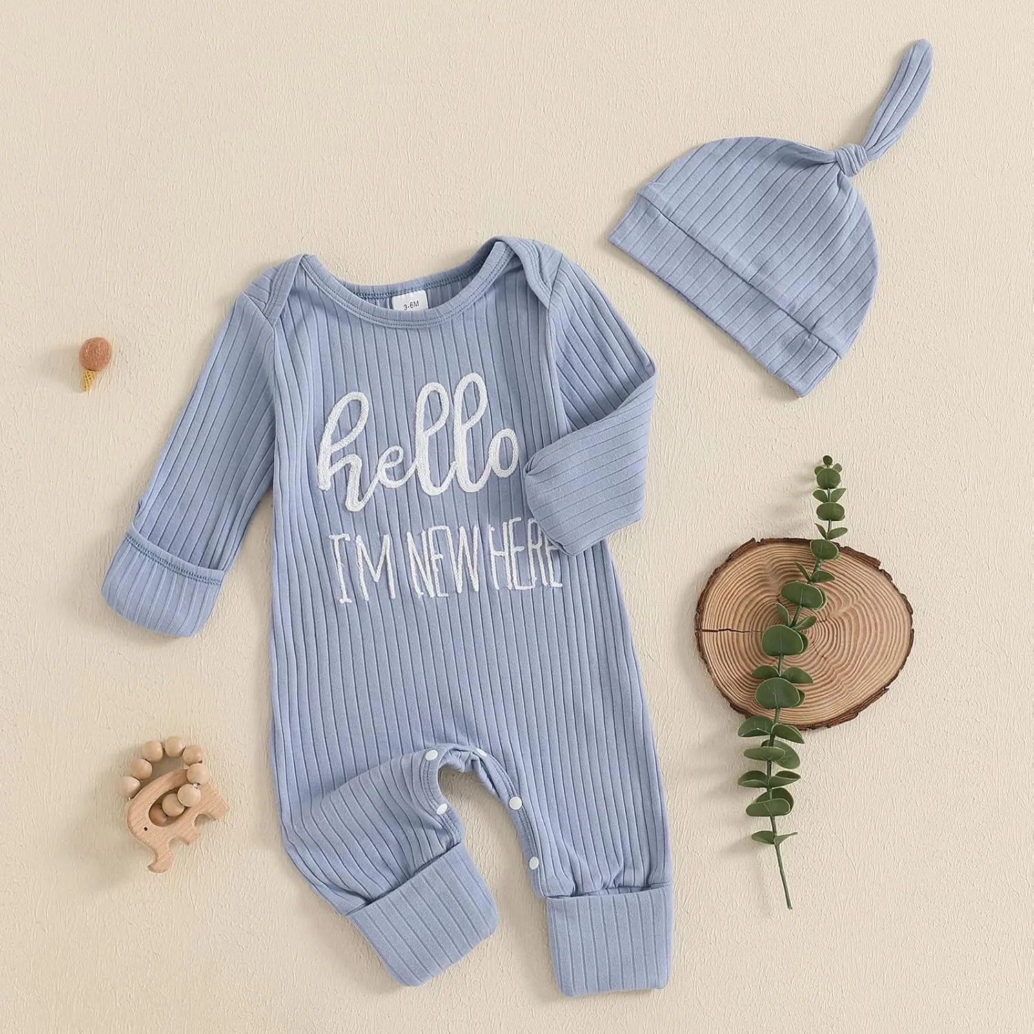 FIOMVA Im New Here Newborn Outfit Boy Long Sleeve Letter Romper Ribbed Knit Jumpsuit Baby Boy Preemie Coming Home Outfit