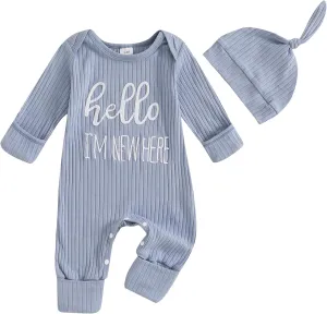 FIOMVA Im New Here Newborn Outfit Boy Long Sleeve Letter Romper Ribbed Knit Jumpsuit Baby Boy Preemie Coming Home Outfit