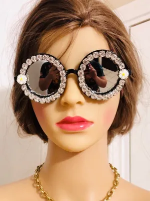 Flower Crystal Designed Frame Handmade Round Sunglasses