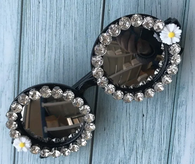 Flower Crystal Designed Frame Handmade Round Sunglasses
