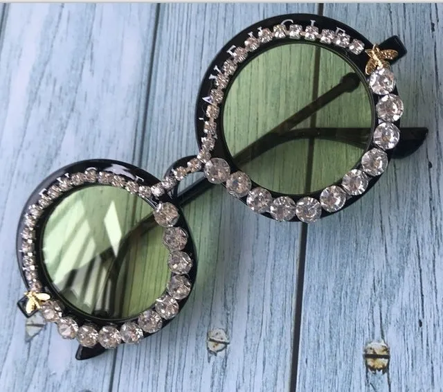 Flower Crystal Designed Frame Handmade Round Sunglasses
