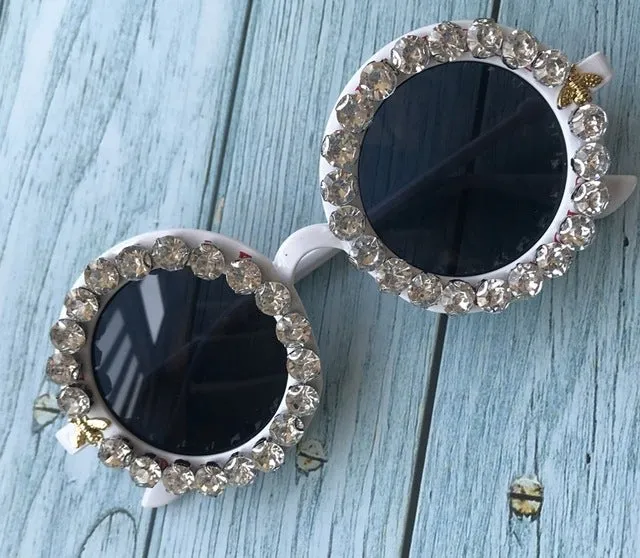Flower Crystal Designed Frame Handmade Round Sunglasses