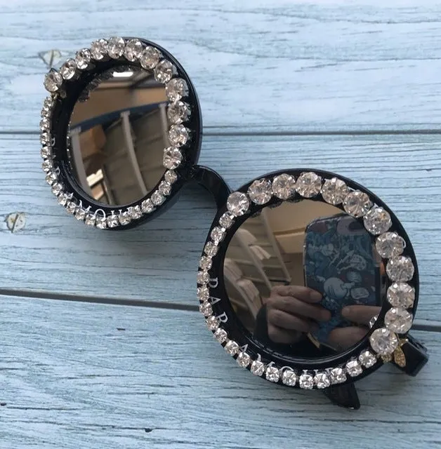 Flower Crystal Designed Frame Handmade Round Sunglasses