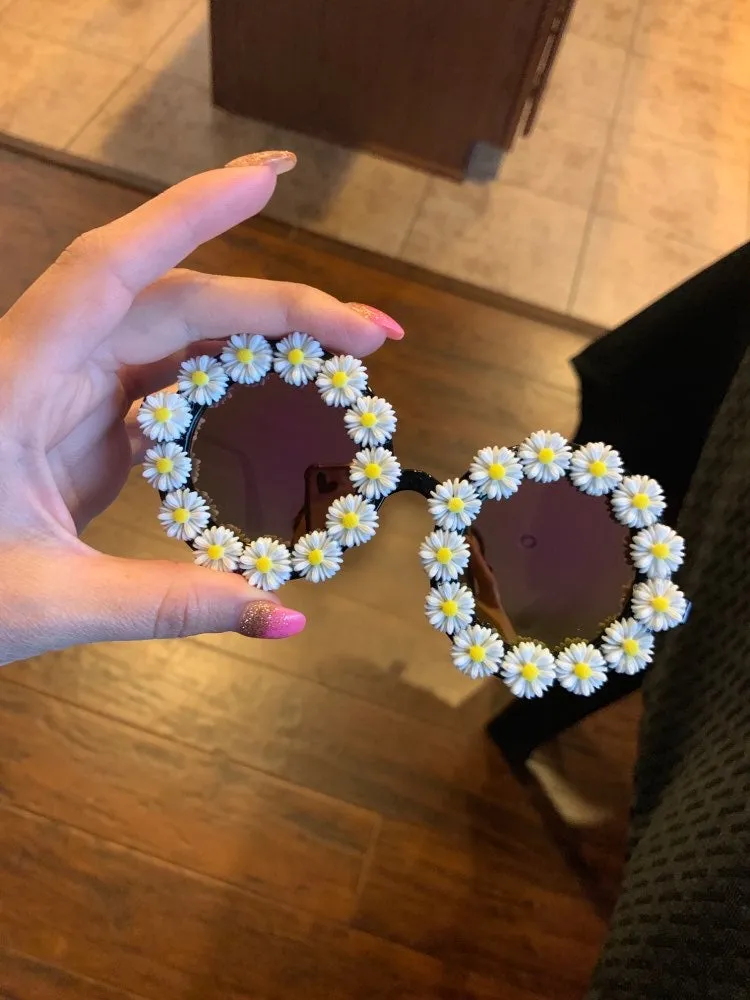 Flower Crystal Designed Frame Handmade Round Sunglasses