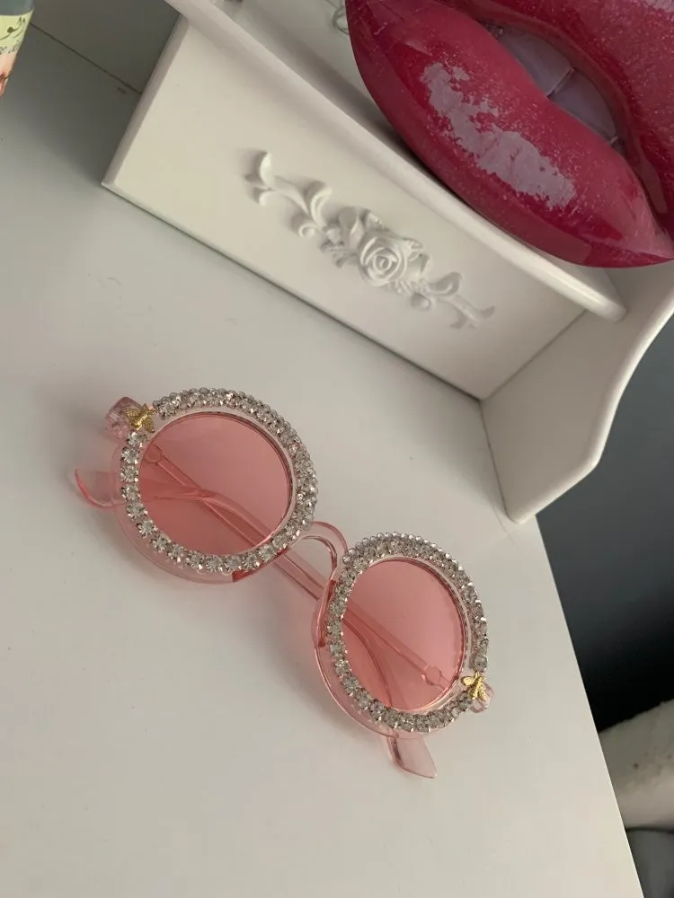 Flower Crystal Designed Frame Handmade Round Sunglasses