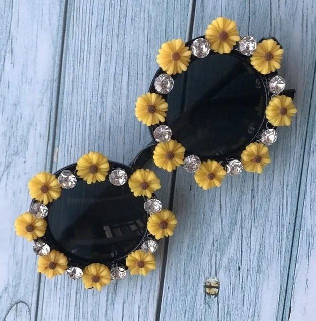 Flower Crystal Designed Frame Handmade Round Sunglasses