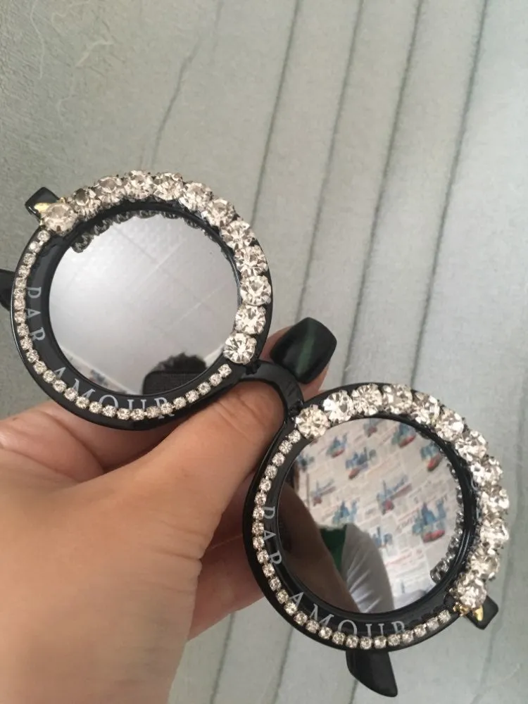 Flower Crystal Designed Frame Handmade Round Sunglasses