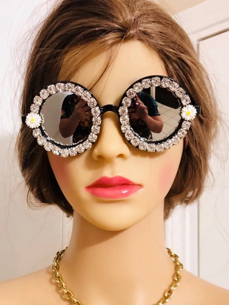 Flower Crystal Designed Frame Handmade Round Sunglasses