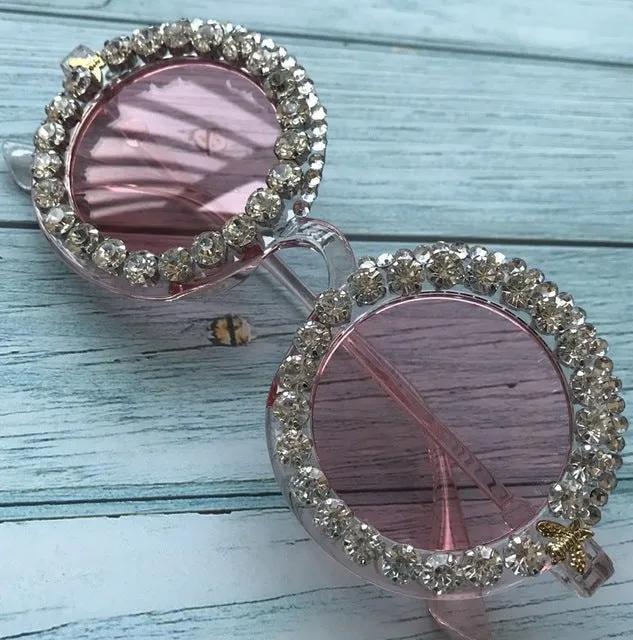 Flower Crystal Designed Frame Handmade Round Sunglasses