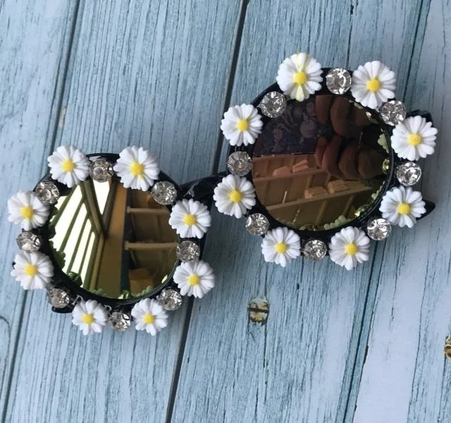 Flower Crystal Designed Frame Handmade Round Sunglasses