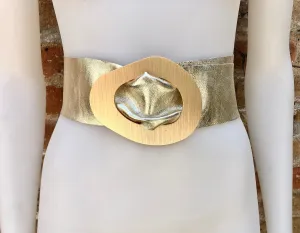GOLD metallic leather waist belt with large metal buckle. Soft leather belt in gold. Boho glitter genuine leather belt. Gold waist belt