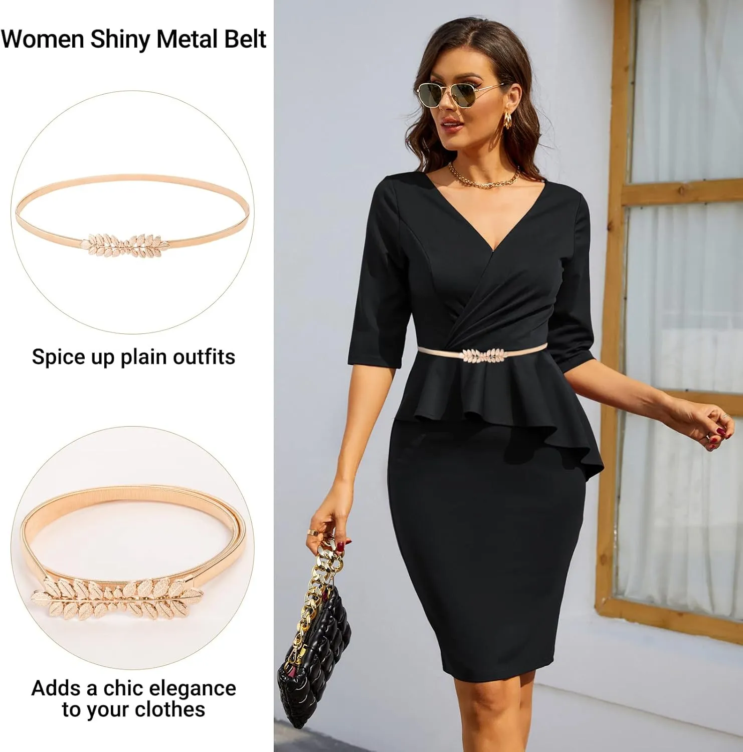GRACE KARIN Women Skinny Metal Cinch Belt Gold Waistband Elastic Waist Belt CL633