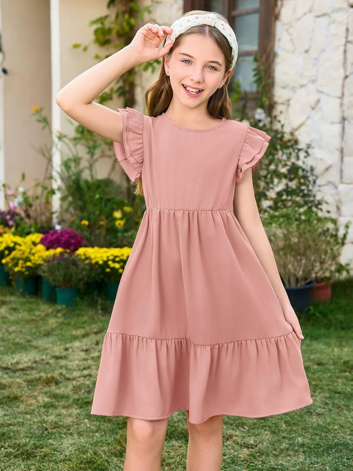 Haloumoning Girls Dresses Kids Summer Double Layer Ruffle Sleeve Dress 5-14 Years