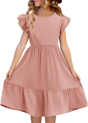 Haloumoning Girls Dresses Kids Summer Double Layer Ruffle Sleeve Dress 5-14 Years