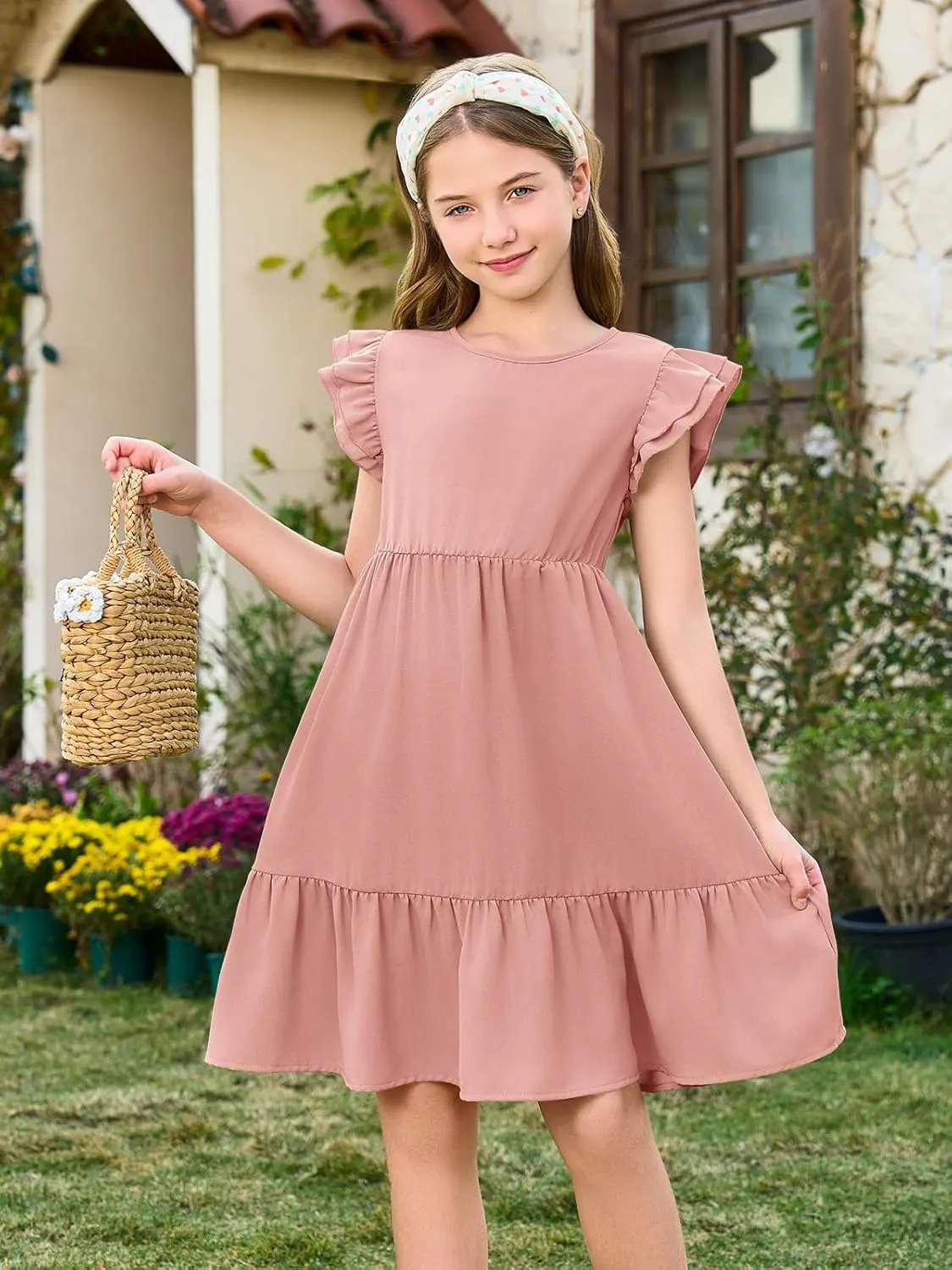 Haloumoning Girls Dresses Kids Summer Double Layer Ruffle Sleeve Dress 5-14 Years