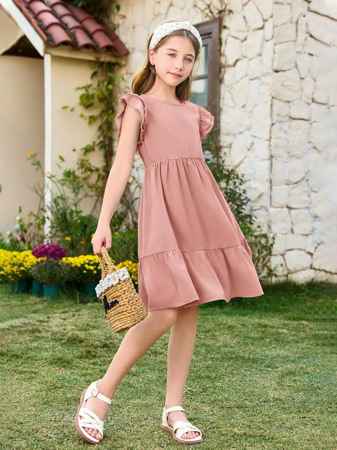 Haloumoning Girls Dresses Kids Summer Double Layer Ruffle Sleeve Dress 5-14 Years