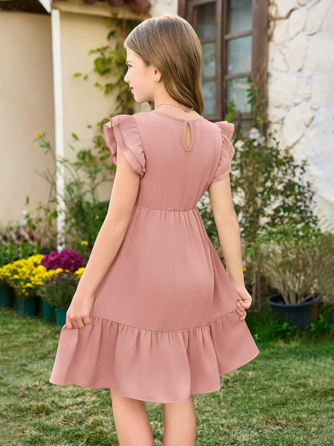 Haloumoning Girls Dresses Kids Summer Double Layer Ruffle Sleeve Dress 5-14 Years