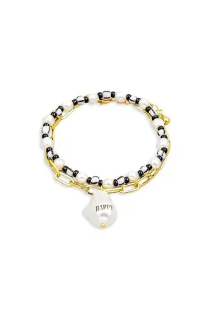 Happy Acrylic Pearl Charm Beaded Bracelet Set