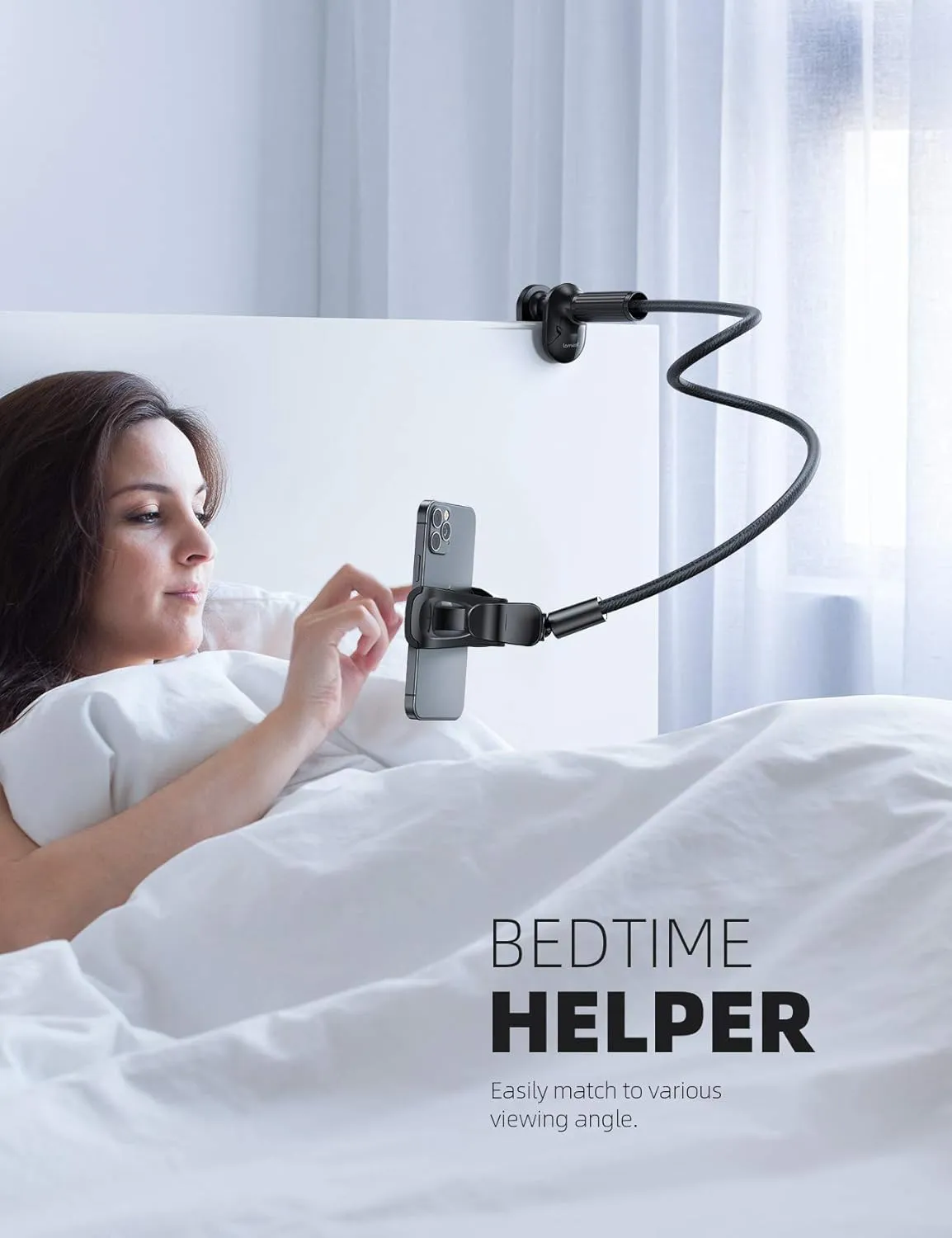 Lamicall Gooseneck Phone Holder for Bed - Overall Length 38.6in, Flexible Leather Wrapped Arm, 360 Adjustable Clamp Clip, Overhead Cell Phone Mount Stand for Desk, Compatible with All Cellphone (4-7)