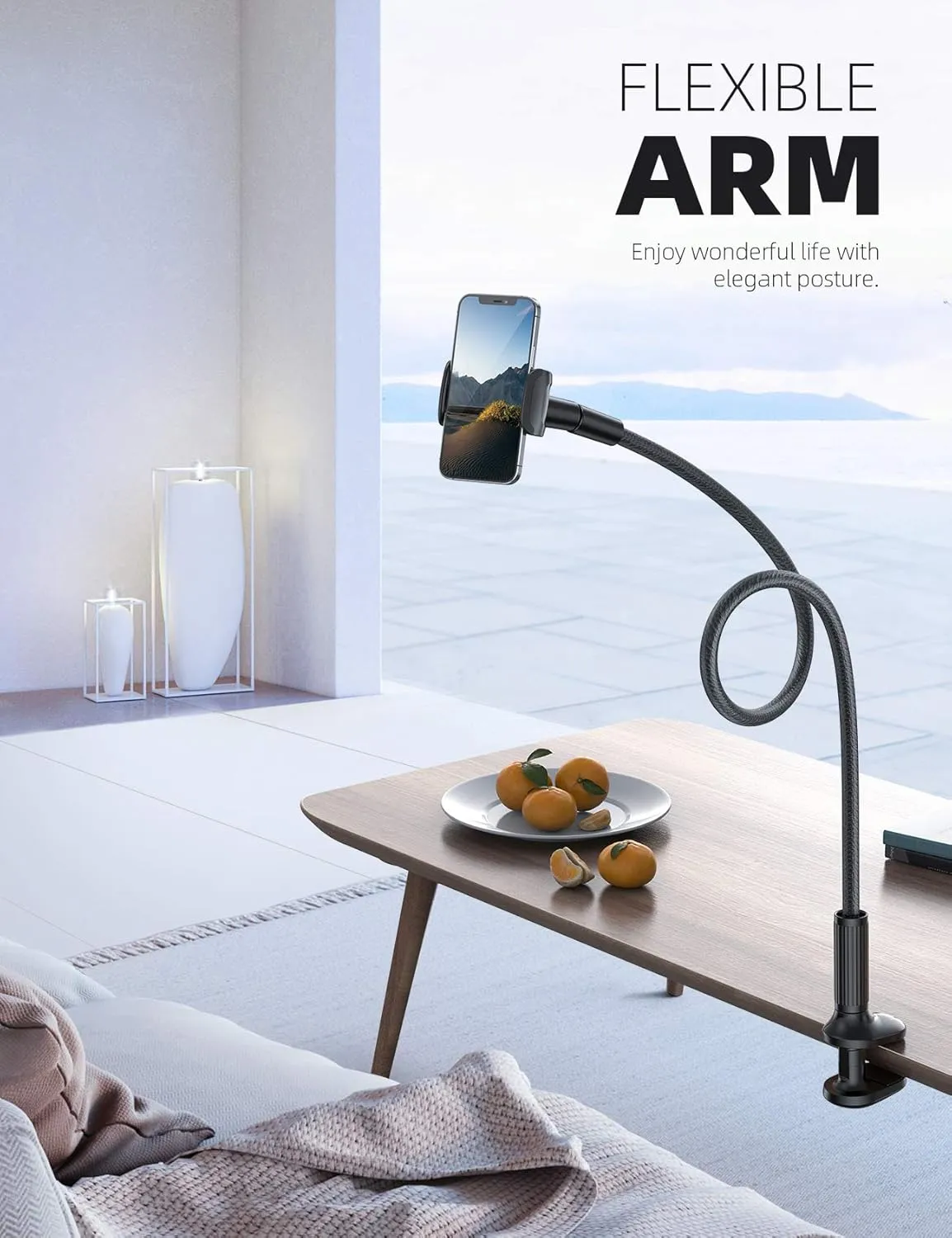 Lamicall Gooseneck Phone Holder for Bed - Overall Length 38.6in, Flexible Leather Wrapped Arm, 360 Adjustable Clamp Clip, Overhead Cell Phone Mount Stand for Desk, Compatible with All Cellphone (4-7)