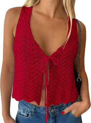 LILLUSORY Crochet Tops for Women Summer Vacation Outfits Beach Coverup Going Out Tie Front Spring Sweater Vest 2025 Fashion
