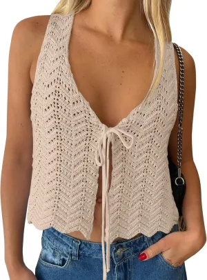 LILLUSORY Crochet Tops for Women Summer Vacation Outfits Beach Coverup Going Out Tie Front Spring Sweater Vest 2025 Fashion