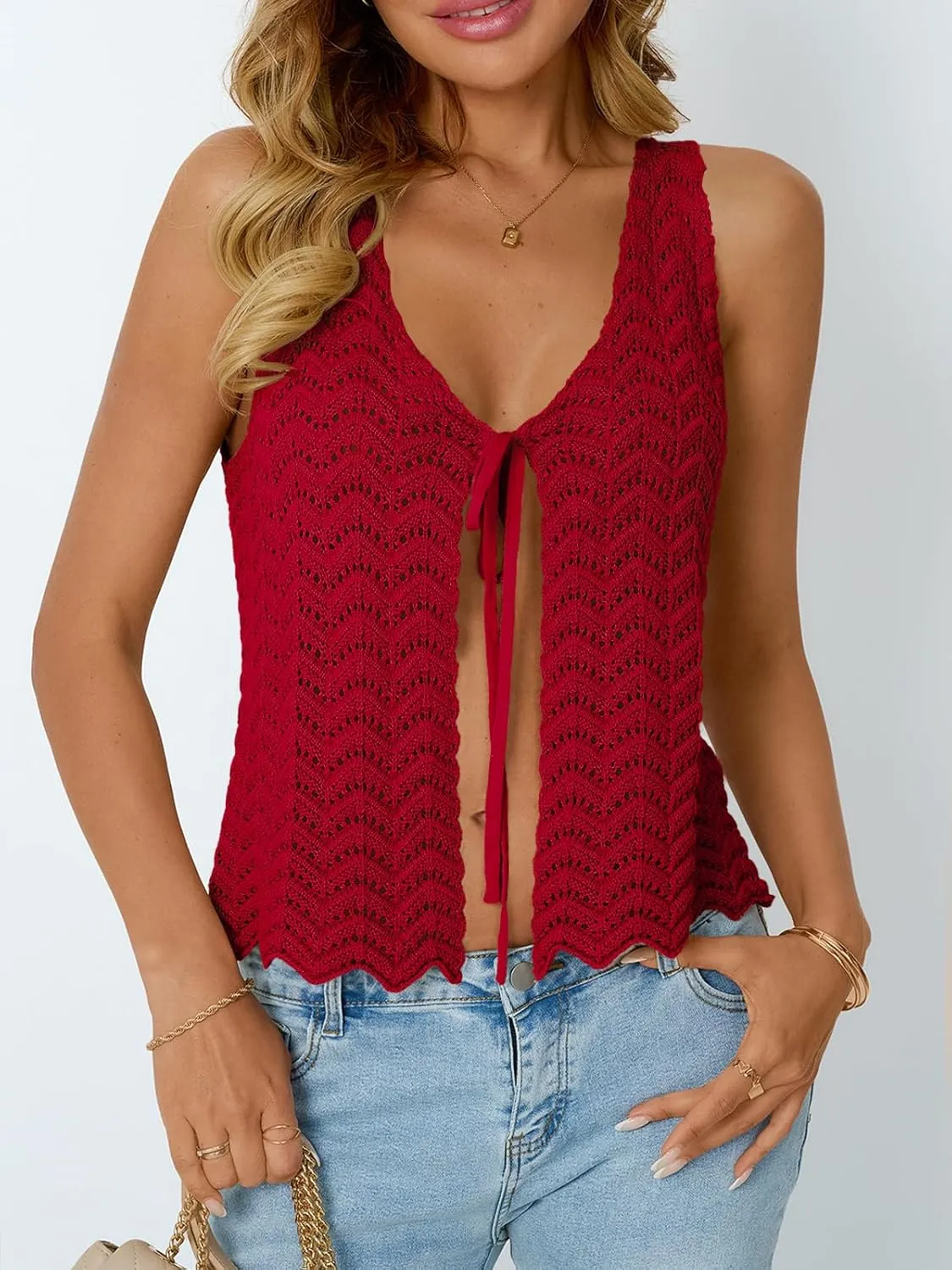 LILLUSORY Crochet Tops for Women Summer Vacation Outfits Beach Coverup Going Out Tie Front Spring Sweater Vest 2025 Fashion